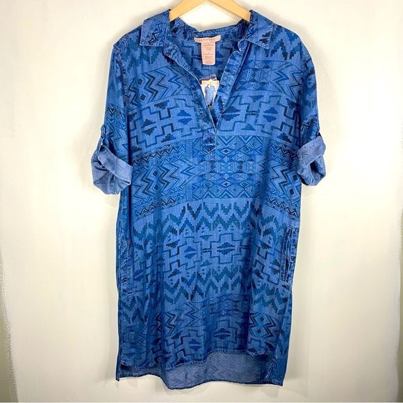 Philosophy Tencel Aztec Print Chambray Popover Mini Dress Denim Size Large (NWT) - Picture 1 of 5